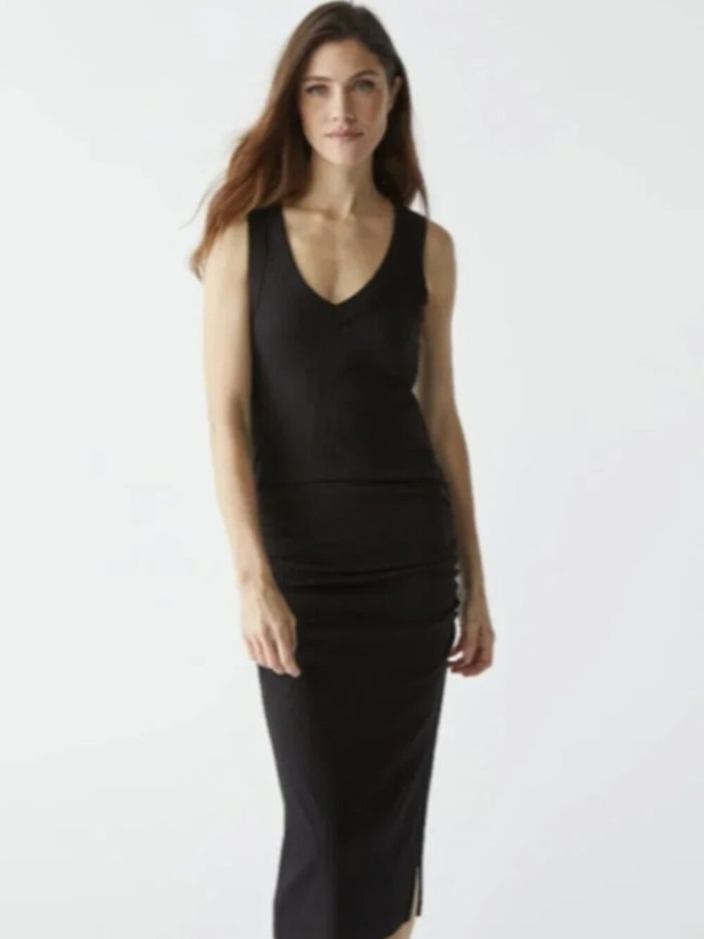 Michael Stars Maya Ribbed V-Neck Tank Dress | NWT | Black Midi Dress